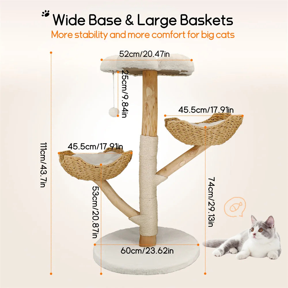 Willow Wood Cat Tree Scratching Post Multi-Level Sisal Pet Cat Kitten Climbing Tower Activity Tower with Removable Washable Mats