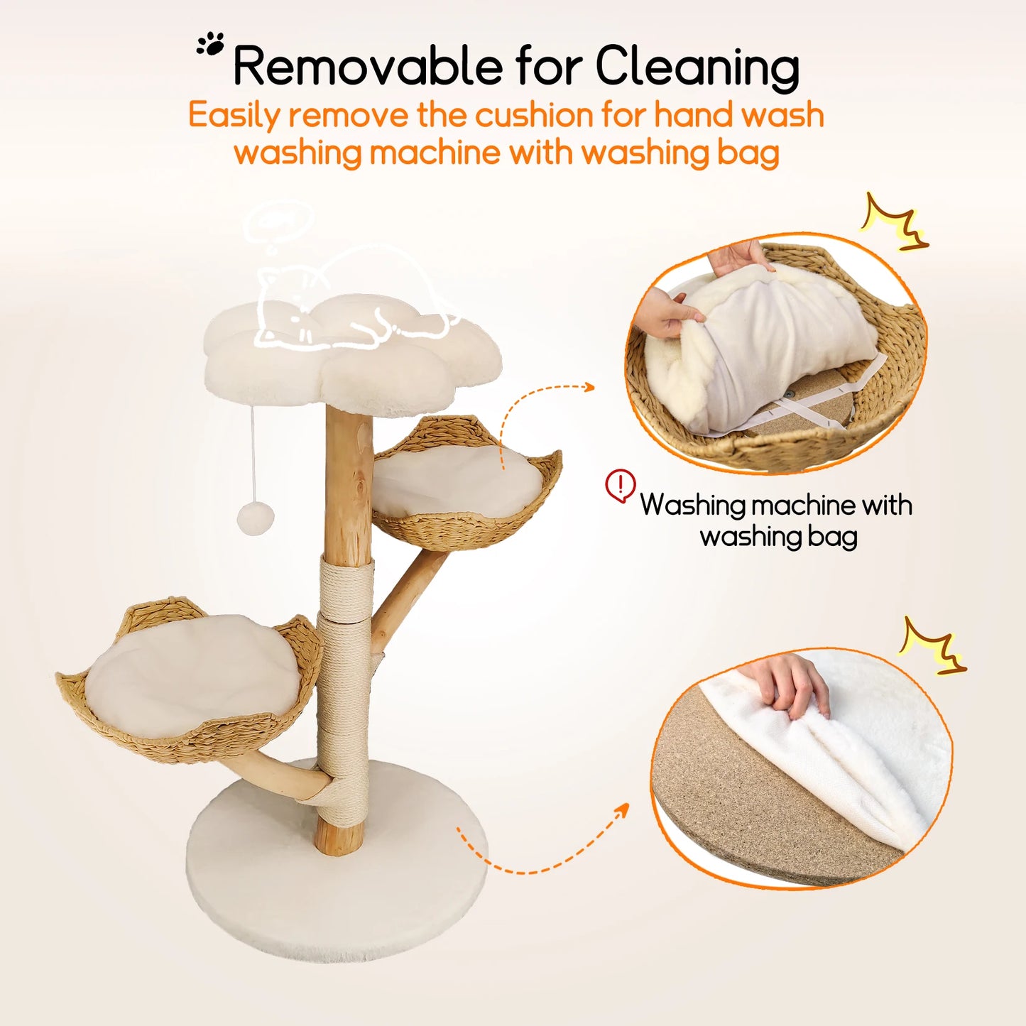 Willow Wood Cat Tree Scratching Post Multi-Level Sisal Pet Cat Kitten Climbing Tower Activity Tower with Removable Washable Mats
