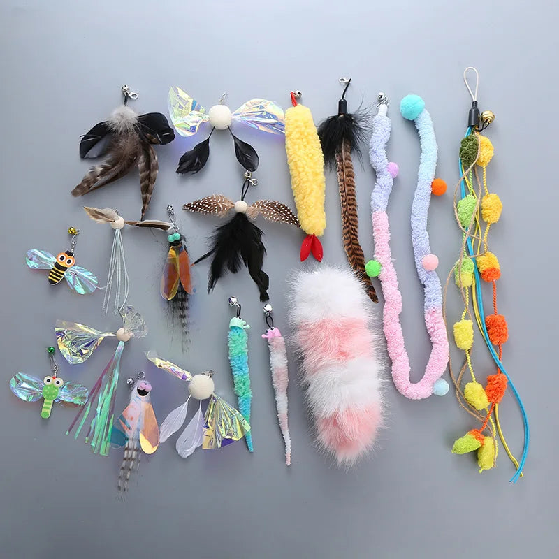 Cat Toys Funny Cat Stick Replacement Head Plush Feather Bird with Bell Toys Interactive Magic Wand DIY Feathers Pet Supplies