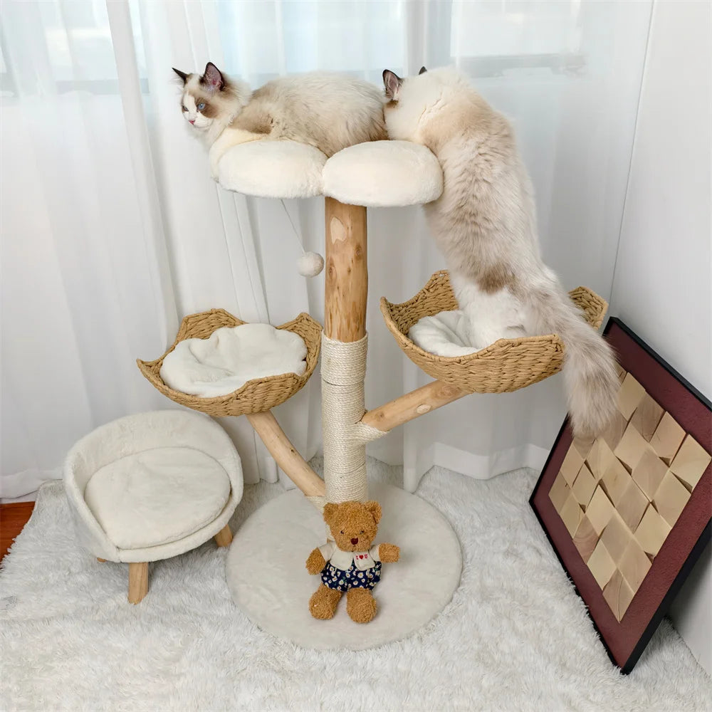 Willow Wood Cat Tree Scratching Post Multi-Level Sisal Pet Cat Kitten Climbing Tower Activity Tower with Removable Washable Mats