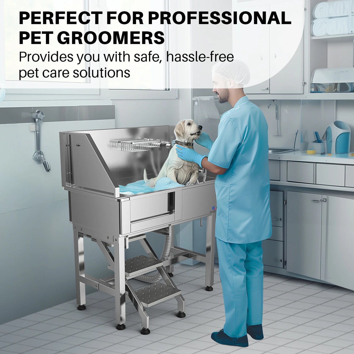 ROOMARK 34" Dog Bathing Station Stainless Steel Dog Grooming Tub with Sliding Door Faucet Accessories Dog Bathtub for Medium Pet