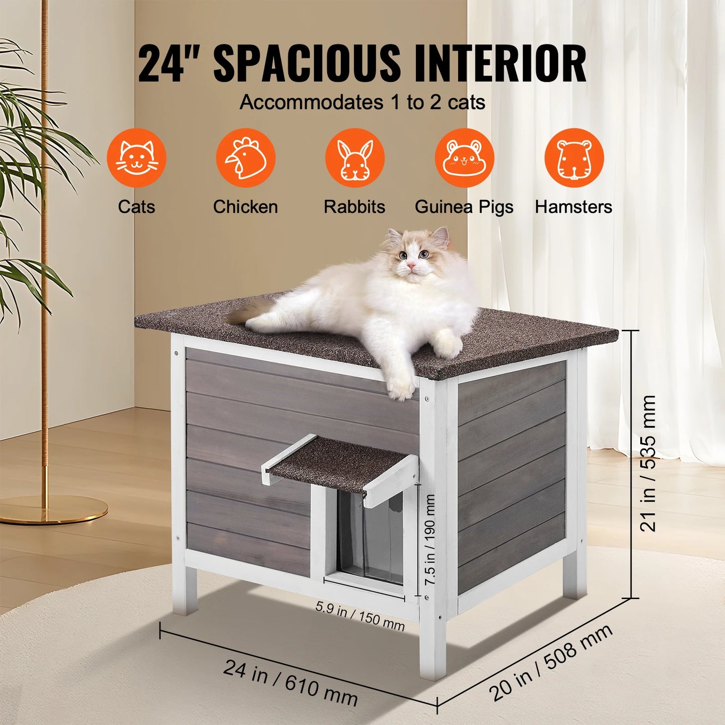 VEVOR Outdoor Cat House Weatherproof, Feral Cat Shelter for Cats Outdoor Wooden Cat Rabbit House with All-Round Foam Insulated