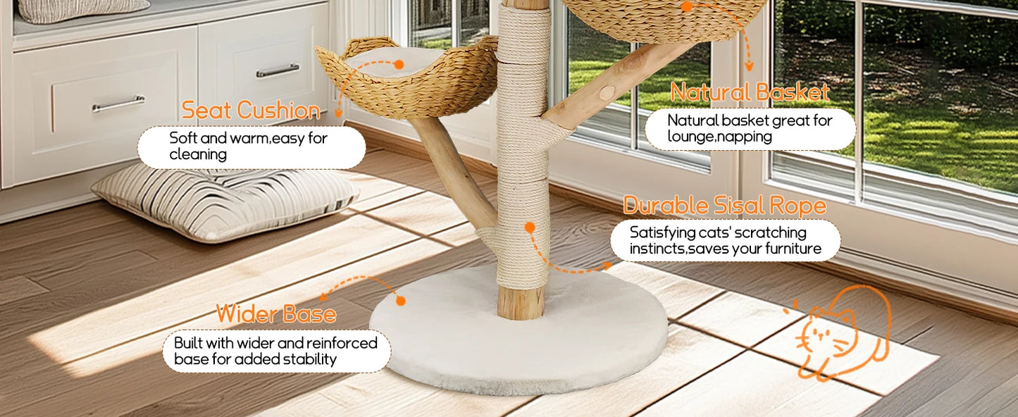 Willow Wood Cat Tree Scratching Post Multi-Level Sisal Pet Cat Kitten Climbing Tower Activity Tower with Removable Washable Mats