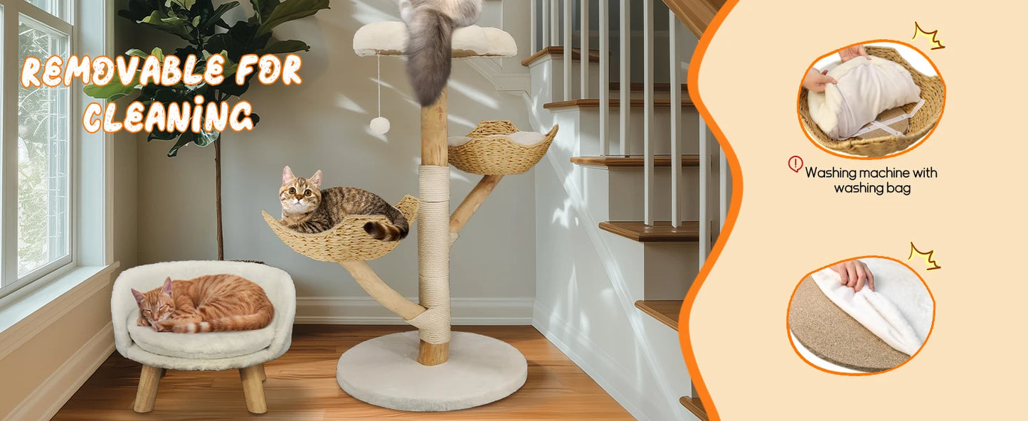 Willow Wood Cat Tree Scratching Post Multi-Level Sisal Pet Cat Kitten Climbing Tower Activity Tower with Removable Washable Mats