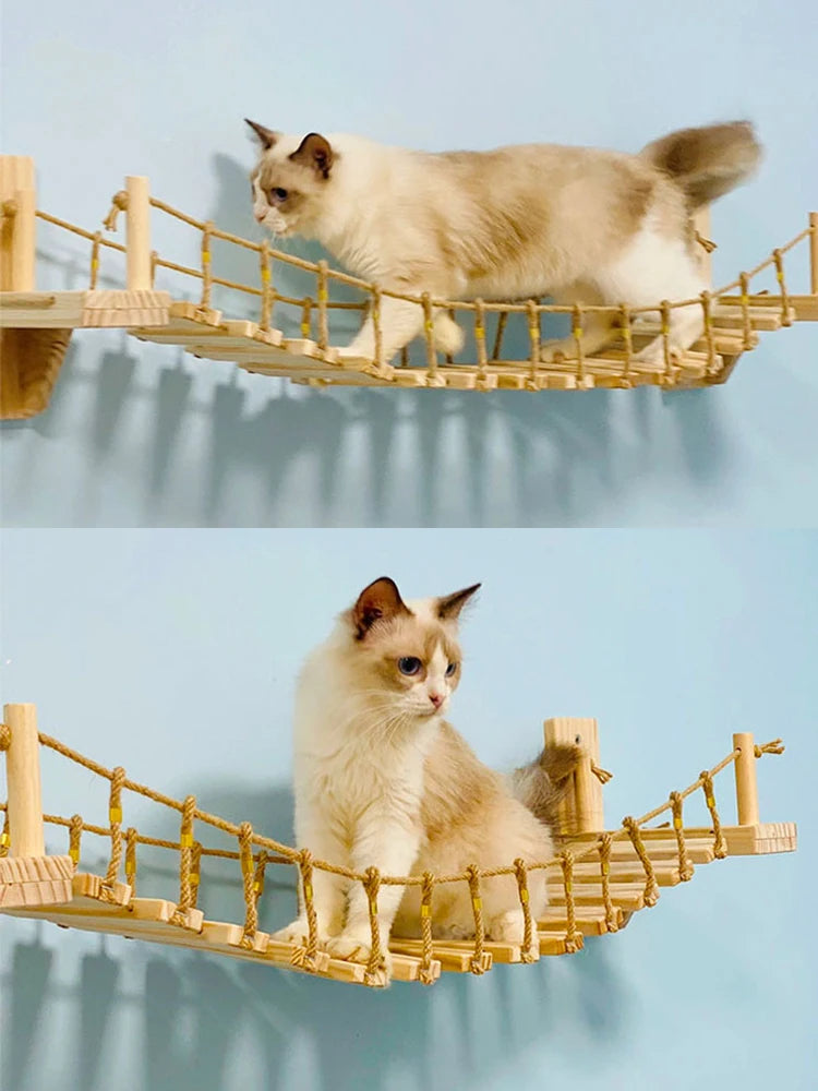39.4In Wall-mounted Cat Roped Bridge for Indoor Cats Steps with Sisal Wall Wooden Furniture for Sleeping Playing Climbing