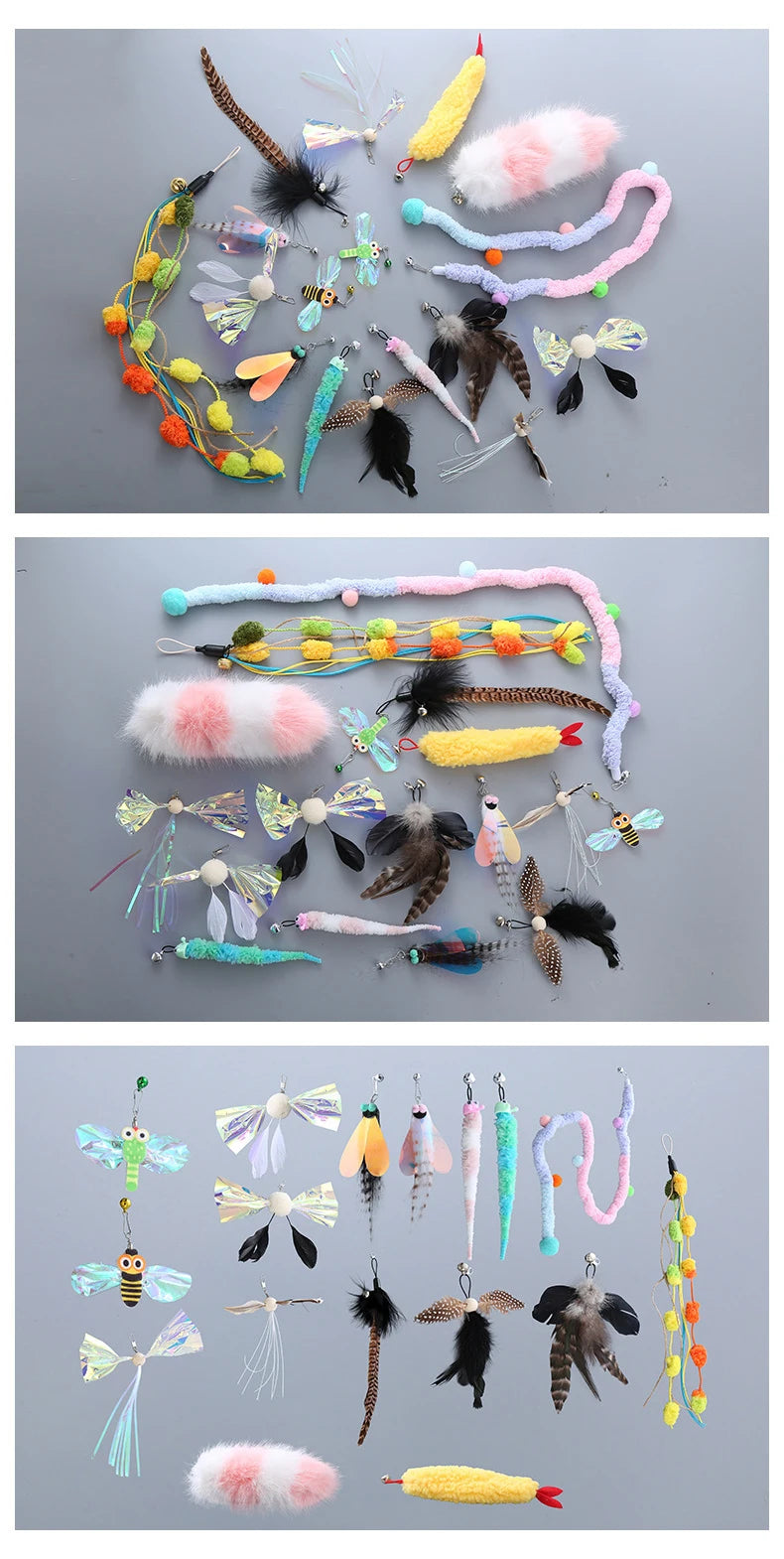 Cat Toys Funny Cat Stick Replacement Head Plush Feather Bird with Bell Toys Interactive Magic Wand DIY Feathers Pet Supplies