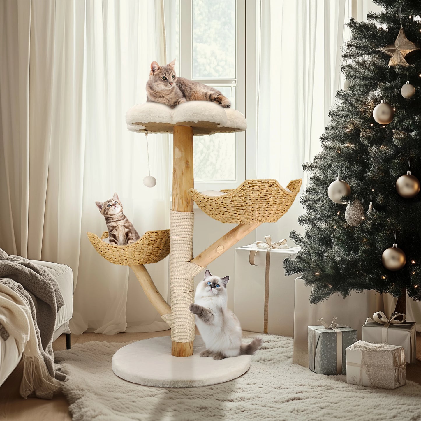 Willow Wood Cat Tree Scratching Post Multi-Level Sisal Pet Cat Kitten Climbing Tower Activity Tower with Removable Washable Mats