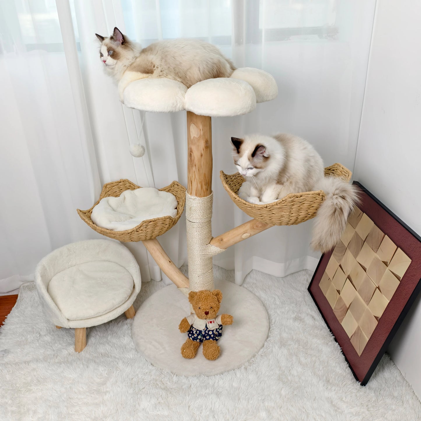 Willow Wood Cat Tree Scratching Post Multi-Level Sisal Pet Cat Kitten Climbing Tower Activity Tower with Removable Washable Mats