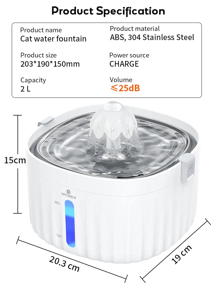 APETDOLA Cat Water Fountain Automatic Pet Water Dispenser for Cats Dogs with Stainless Steel Tray 6-level Filtering System fp10