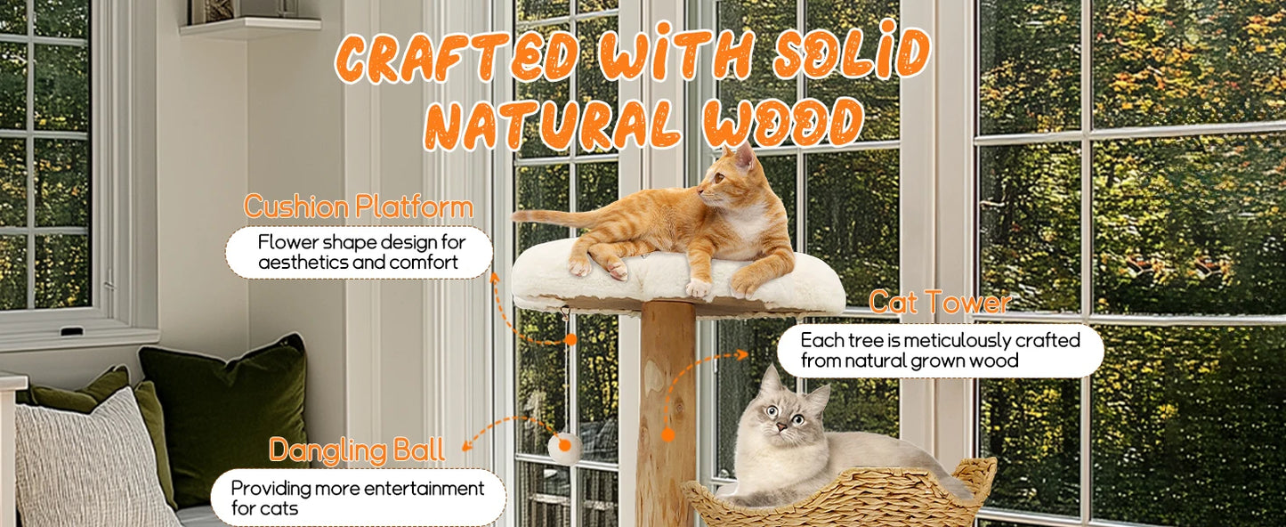 Willow Wood Cat Tree Scratching Post Multi-Level Sisal Pet Cat Kitten Climbing Tower Activity Tower with Removable Washable Mats