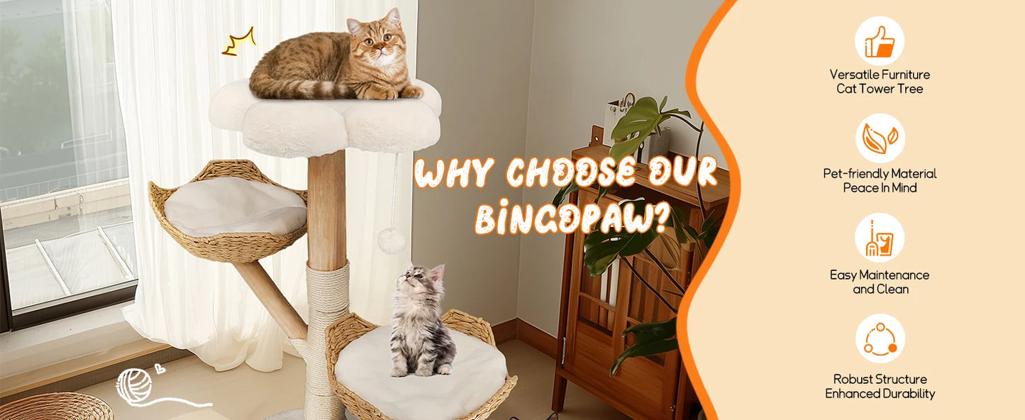 Willow Wood Cat Tree Scratching Post Multi-Level Sisal Pet Cat Kitten Climbing Tower Activity Tower with Removable Washable Mats