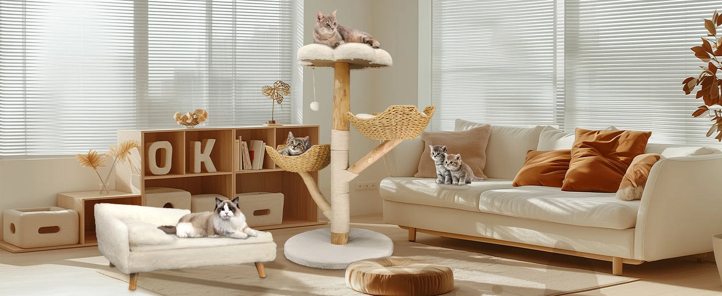 Willow Wood Cat Tree Scratching Post Multi-Level Sisal Pet Cat Kitten Climbing Tower Activity Tower with Removable Washable Mats