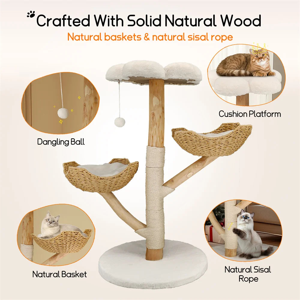 Willow Wood Cat Tree Scratching Post Multi-Level Sisal Pet Cat Kitten Climbing Tower Activity Tower with Removable Washable Mats