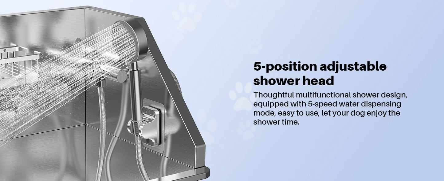 ROOMARK 34" Dog Bathing Station Stainless Steel Dog Grooming Tub with Sliding Door Faucet Accessories Dog Bathtub for Medium Pet