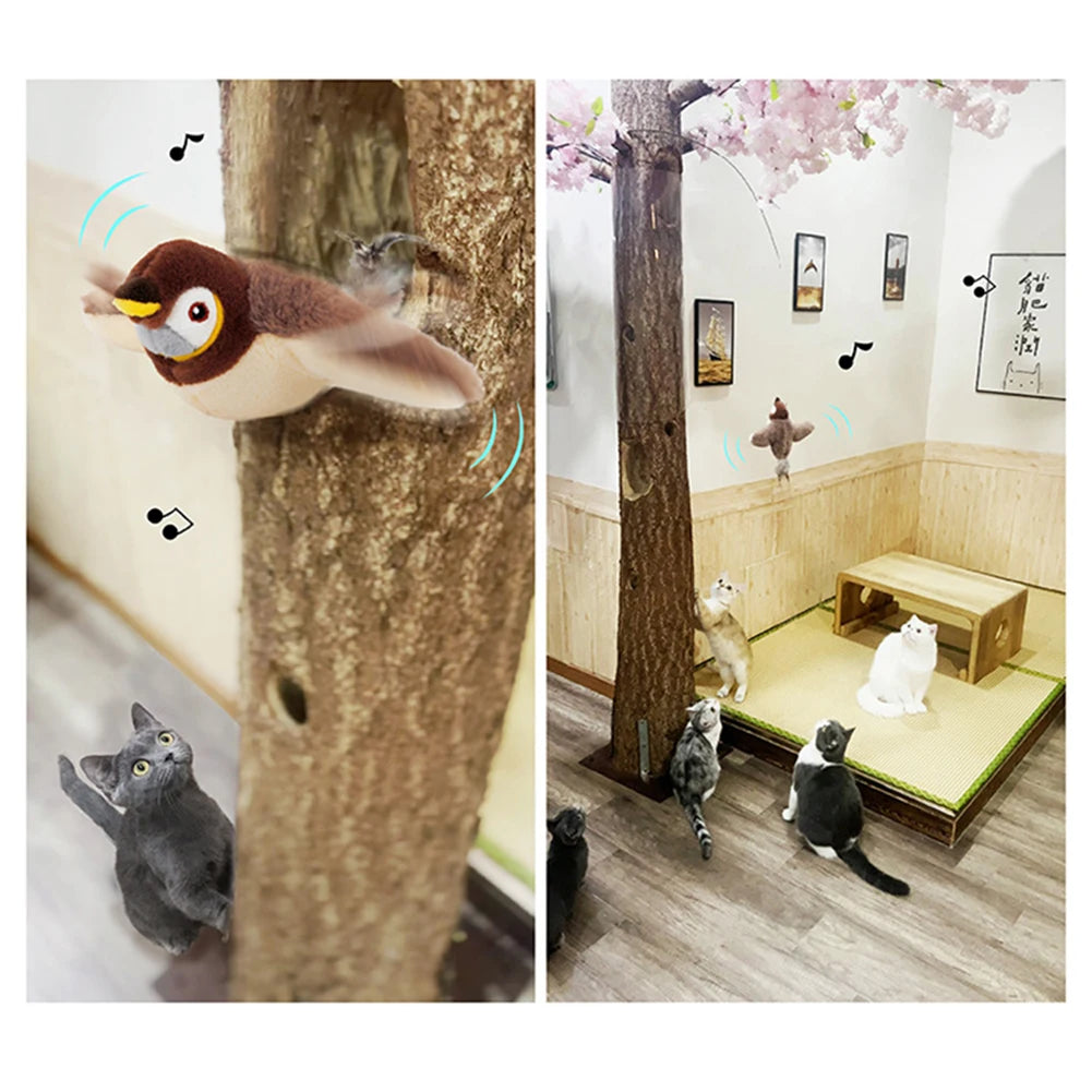 Interactive Cat Toys Flapping Wings(no Flying) Sparrow Catnip Toys Simulated Chirping Bird with Vibration Sensor for Cats