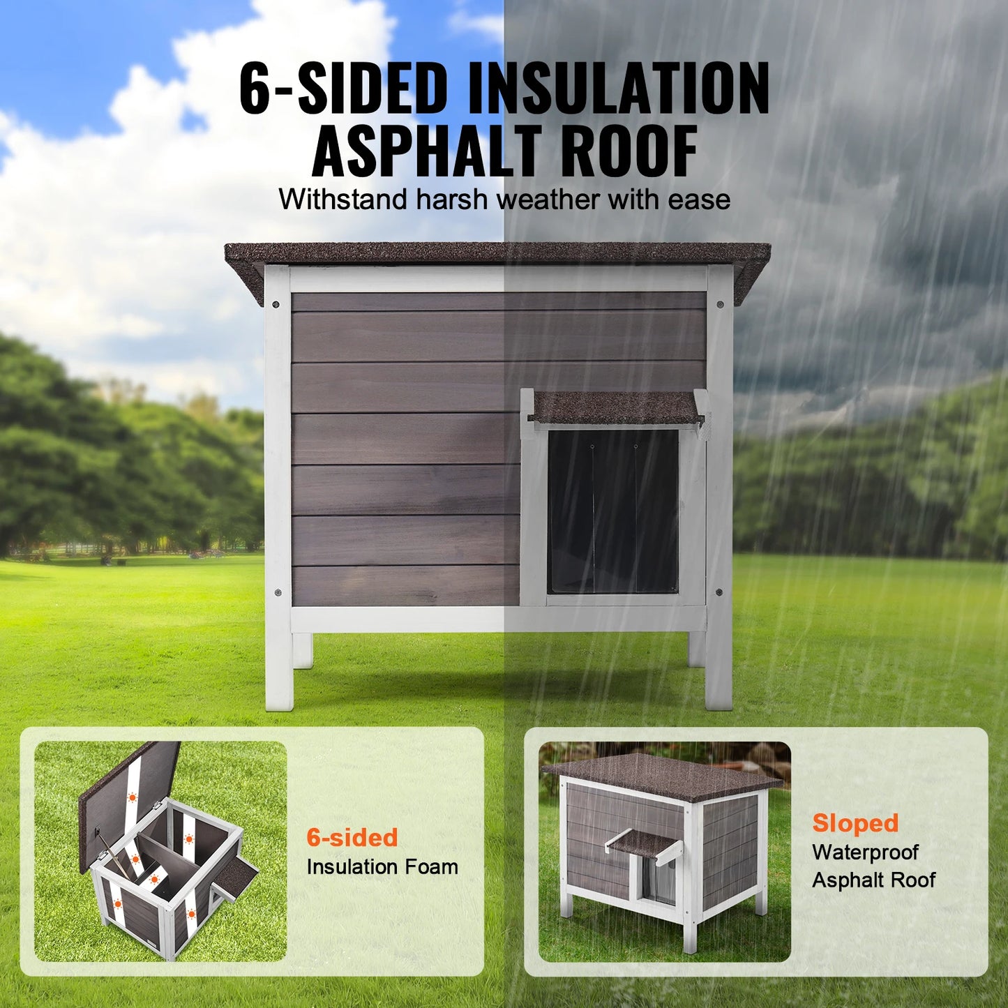 VEVOR Outdoor Cat House Weatherproof, Feral Cat Shelter for Cats Outdoor Wooden Cat Rabbit House with All-Round Foam Insulated