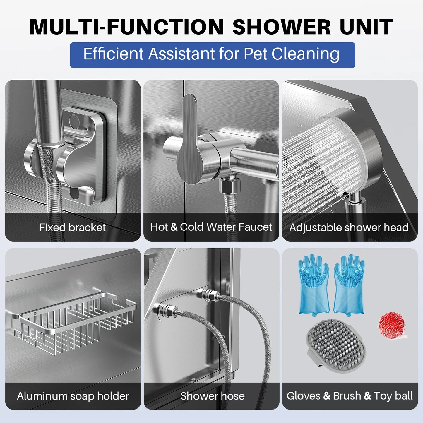 ROOMARK 34" Dog Bathing Station Stainless Steel Dog Grooming Tub with Sliding Door Faucet Accessories Dog Bathtub for Medium Pet