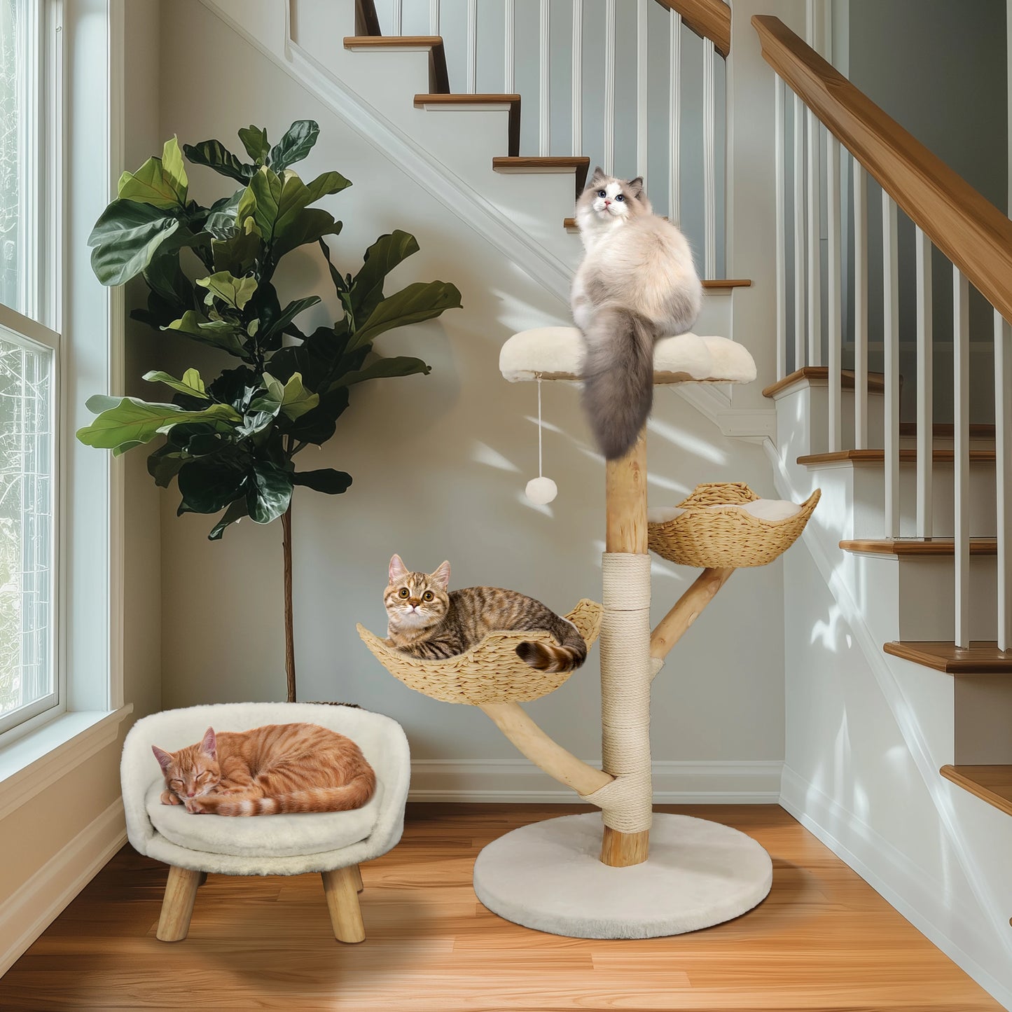 Willow Wood Cat Tree Scratching Post Multi-Level Sisal Pet Cat Kitten Climbing Tower Activity Tower with Removable Washable Mats