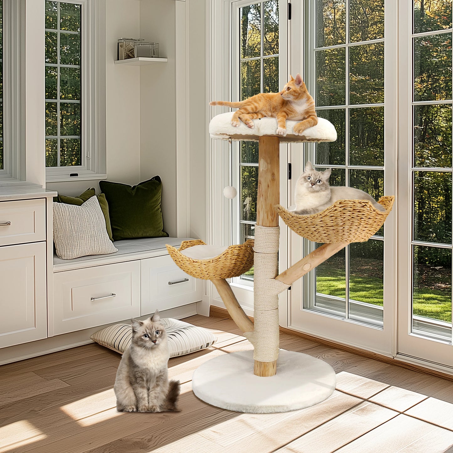 Willow Wood Cat Tree Scratching Post Multi-Level Sisal Pet Cat Kitten Climbing Tower Activity Tower with Removable Washable Mats