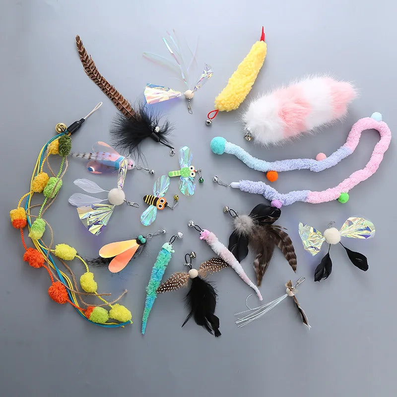 Cat Toys Funny Cat Stick Replacement Head Plush Feather Bird with Bell Toys Interactive Magic Wand DIY Feathers Pet Supplies