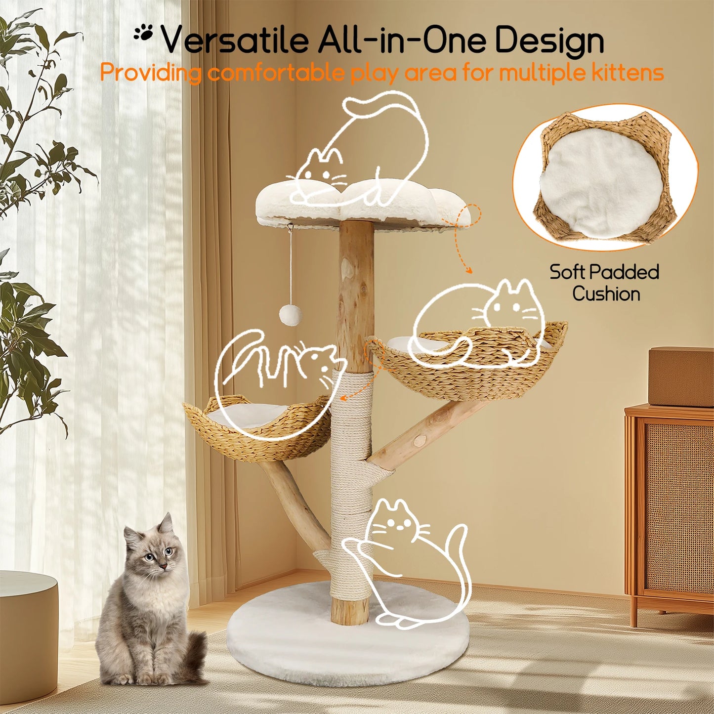 Willow Wood Cat Tree Scratching Post Multi-Level Sisal Pet Cat Kitten Climbing Tower Activity Tower with Removable Washable Mats