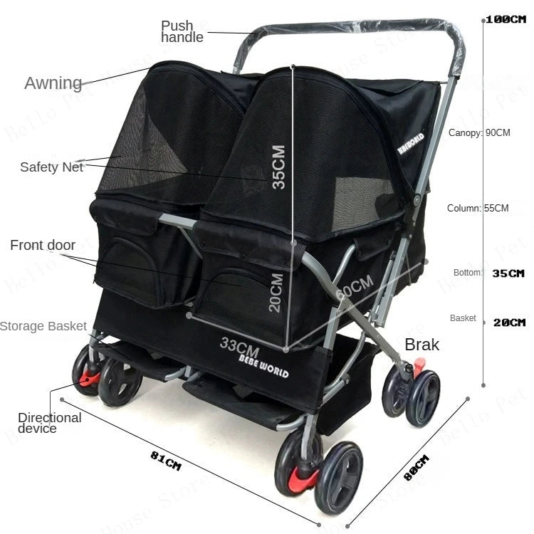 Multifunctional pet car Ultra-light two-seater pet buggy Detachable and washable trolley Universal pet car for cats and dogs