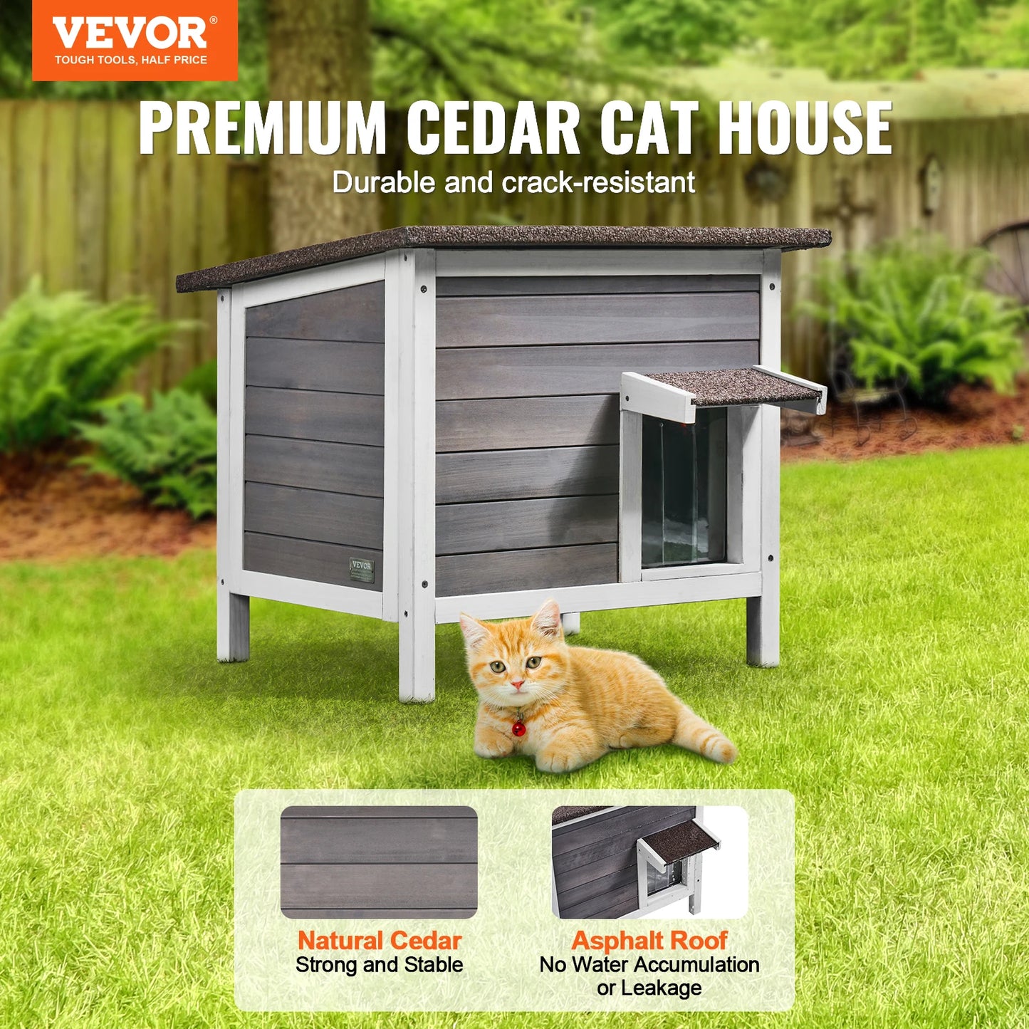 VEVOR Outdoor Cat House Weatherproof, Feral Cat Shelter for Cats Outdoor Wooden Cat Rabbit House with All-Round Foam Insulated