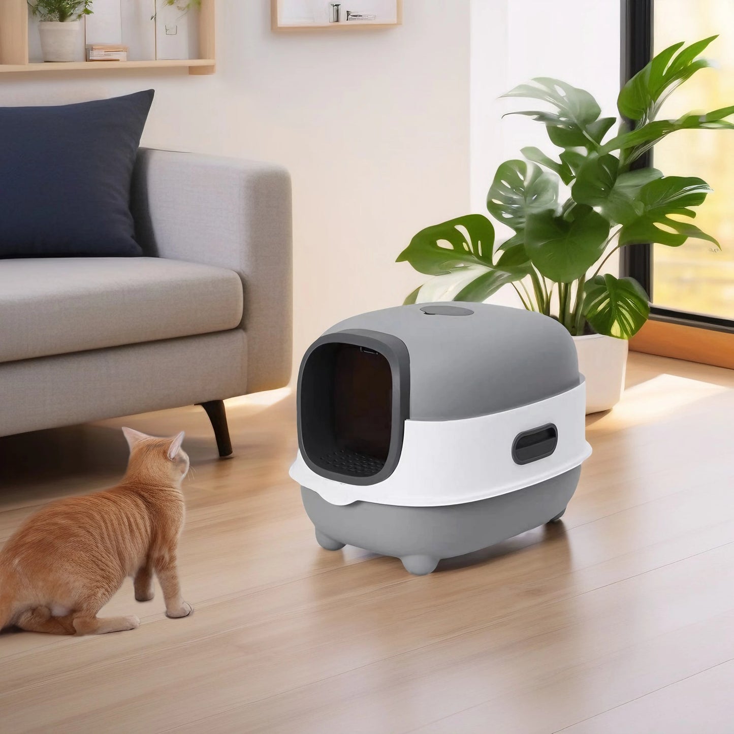Oval Oblong Hooded Cat Litter Box Tray Front Entry Toilet with Litter Scoop for Kittens Cat Breeds Enclosed