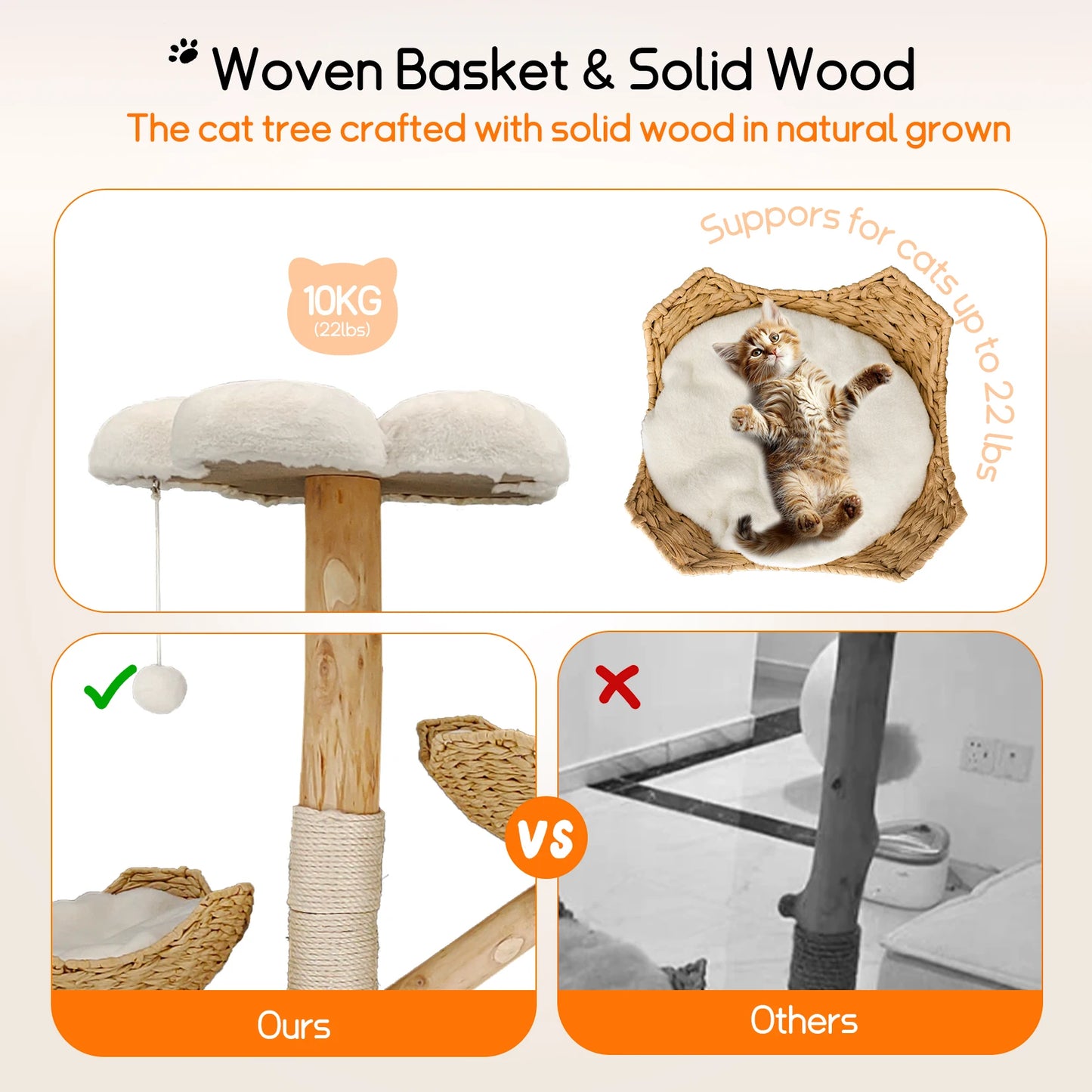 Willow Wood Cat Tree Scratching Post Multi-Level Sisal Pet Cat Kitten Climbing Tower Activity Tower with Removable Washable Mats