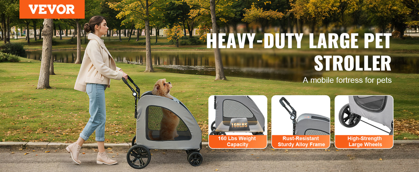 VEVOR 160lbs Pet Stroller 4 Wheels Dark Grey Dog Puppy Stroller Rotate with Brakes and Height-Adjustable for Medium Large Dogs