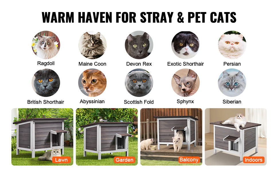 VEVOR Outdoor Cat House Weatherproof, Feral Cat Shelter for Cats Outdoor Wooden Cat Rabbit House with All-Round Foam Insulated