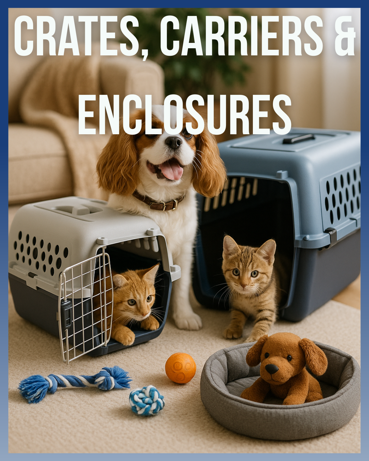 Dog and cats sitting with crates, carriers, toys, and pet bed – travel enclosures for pets
