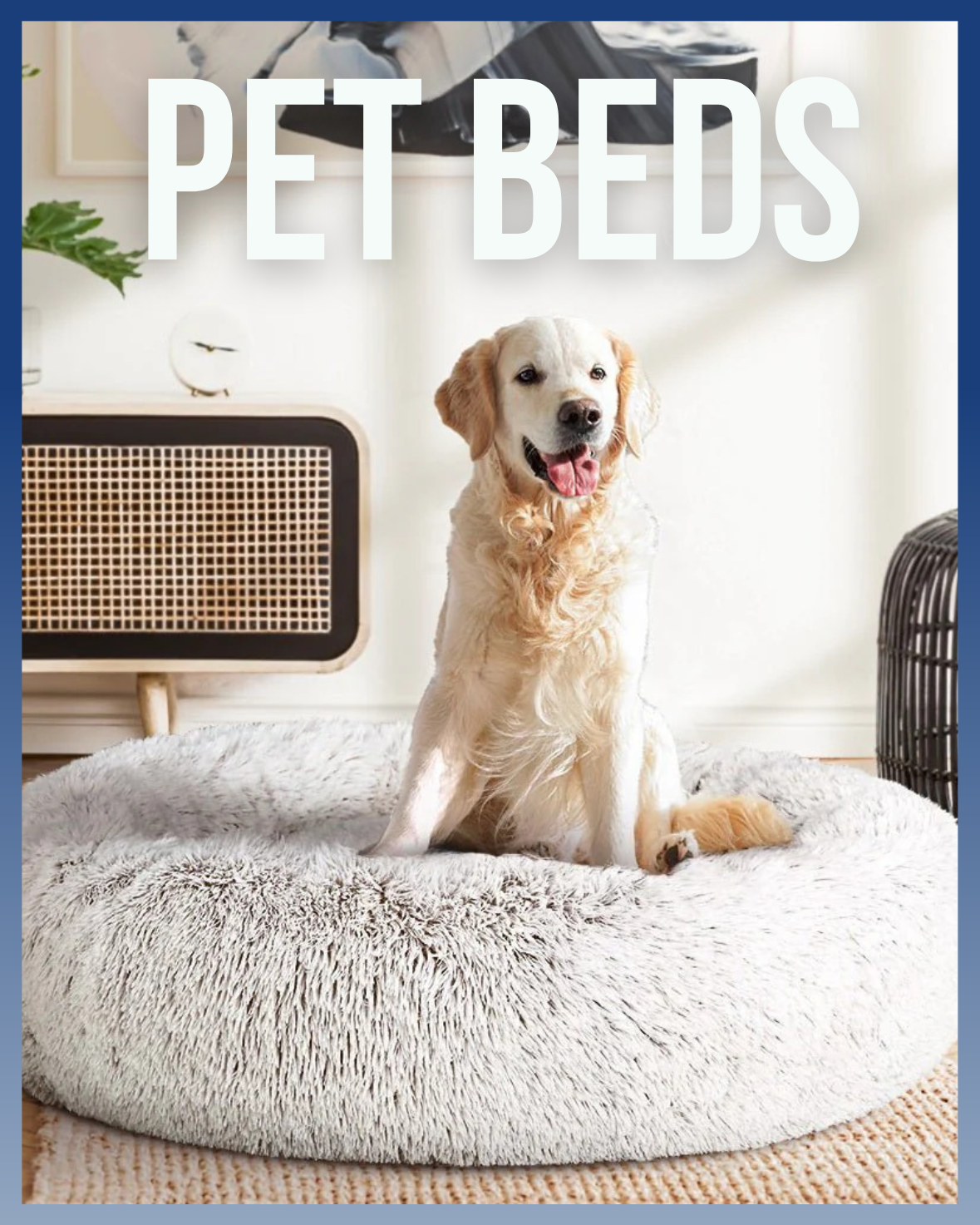 Golden retriever on a fluffy round dog bed in cozy room