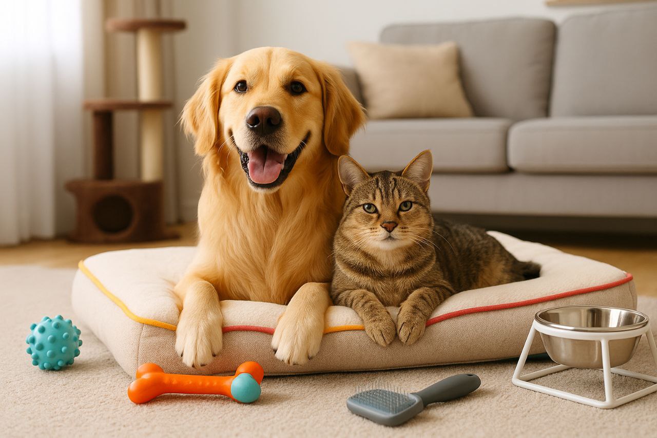 Dog and cat relaxing comfortably on a cozy bed at home