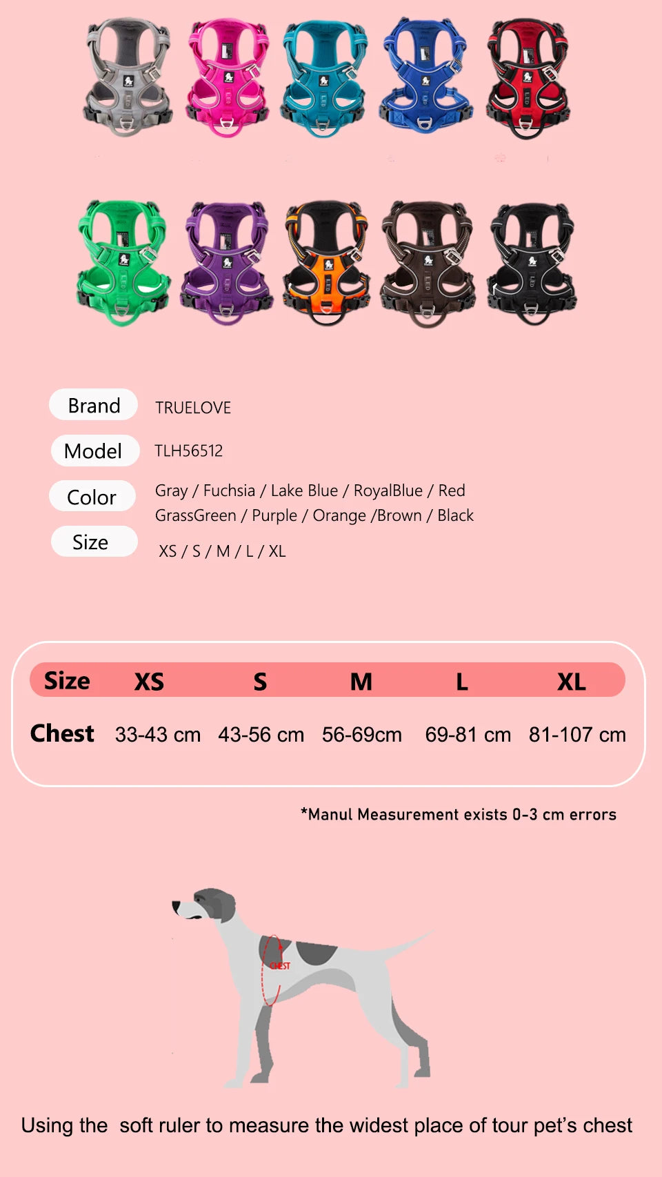 Truelove Pet Harness Nylon Webbing with 3M Reflection Adjutable Aluminum Alloy for Big Medium Small Dog TLH56512
