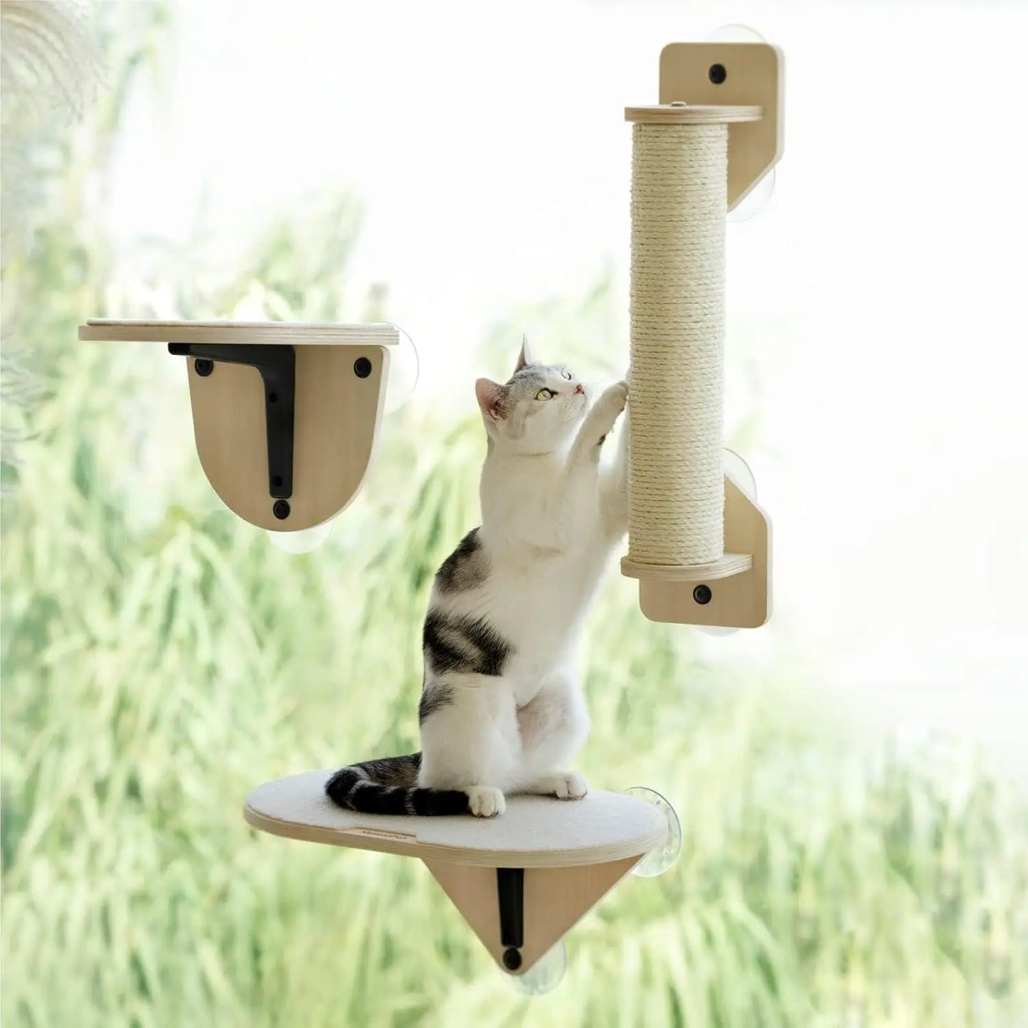 Mewoofun Cat Window Perch Hammock with Climbing Steps and Scratching Post Wooden Window Mounted Cat Bed for Indoor Cats