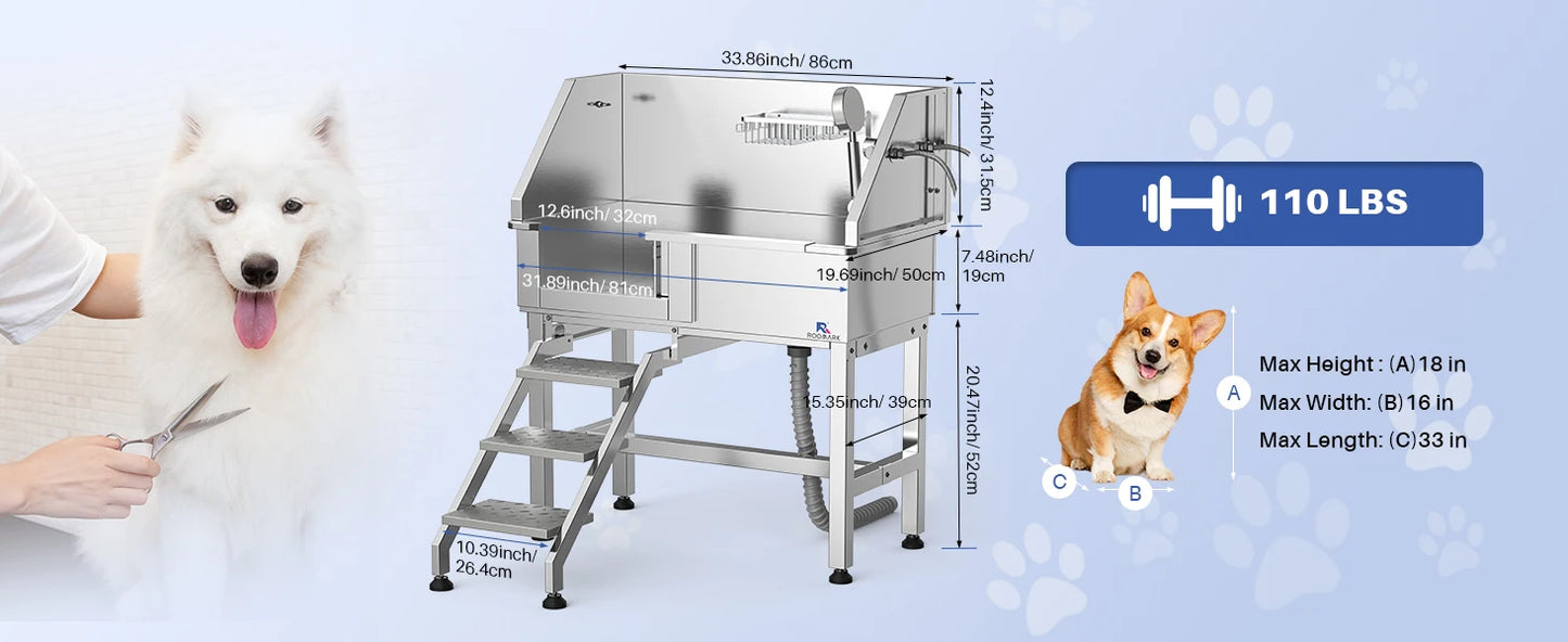 ROOMARK 34" Dog Bathing Station Stainless Steel Dog Grooming Tub with Sliding Door Faucet Accessories Dog Bathtub for Medium Pet