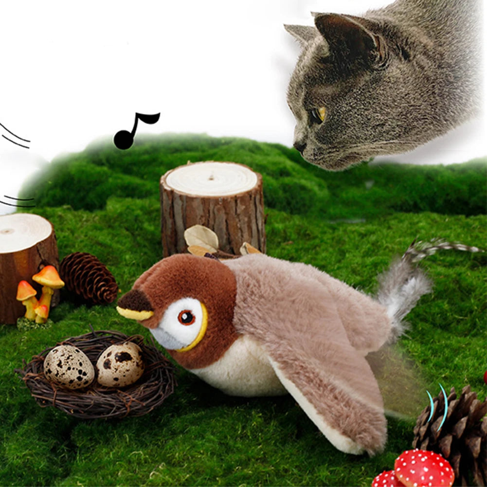 Interactive Cat Toys Flapping Wings(no Flying) Sparrow Catnip Toys Simulated Chirping Bird with Vibration Sensor for Cats