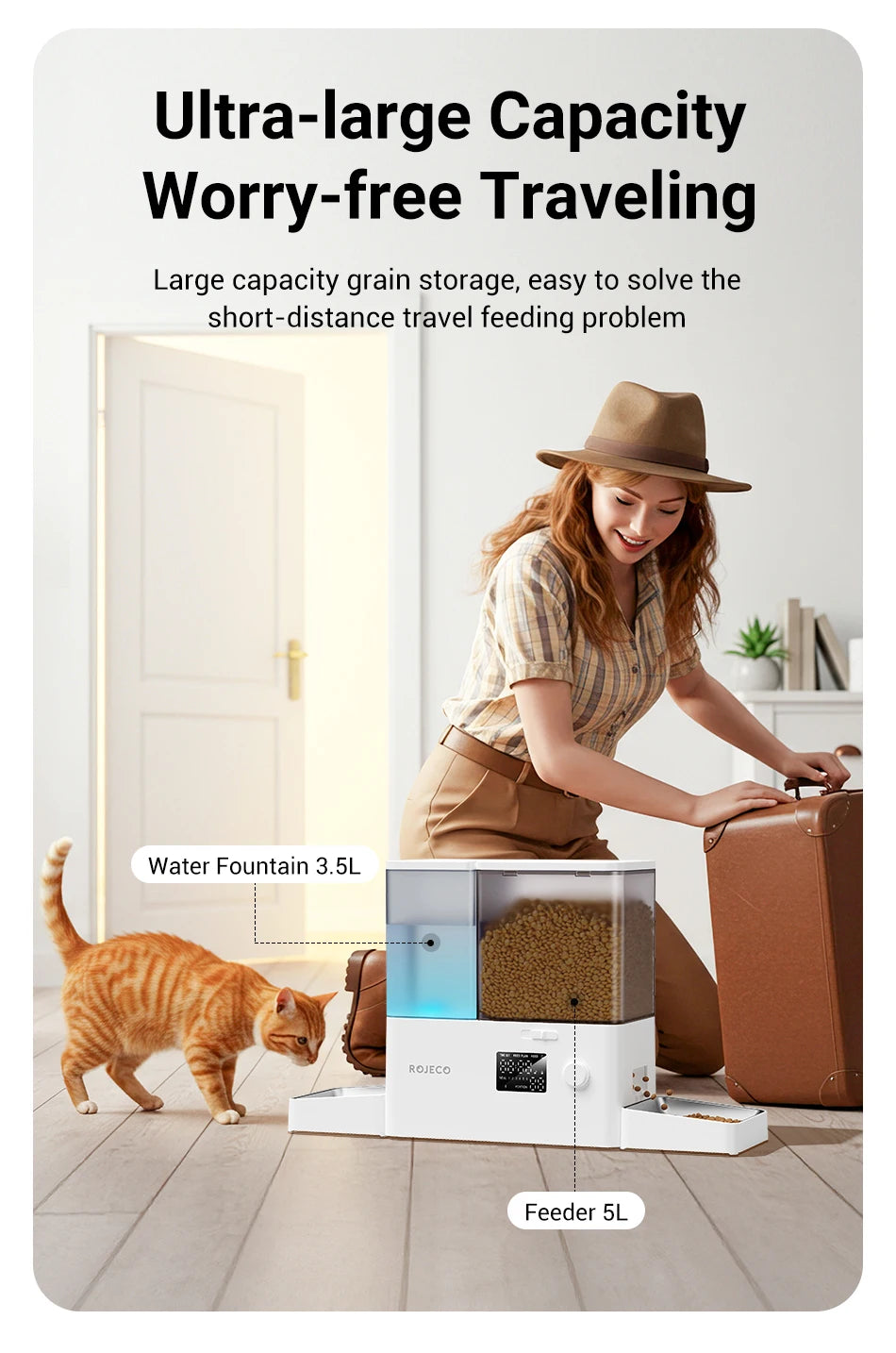 ROJECO Automatic Pet Feeder Water Fountain 8.5L Button Version Dog Food Dispenser Water Refill 2 in 1 Drinking Feeding Supplies