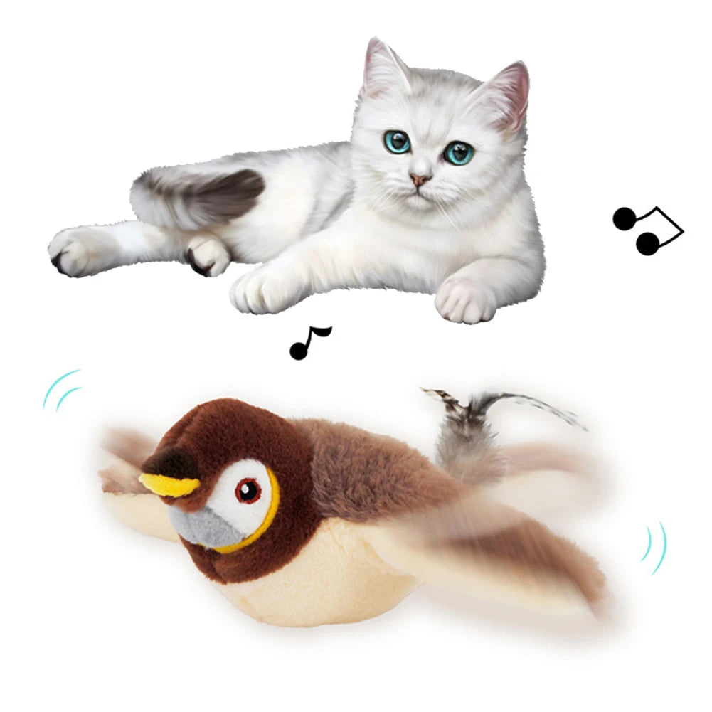 Interactive Cat Toys Flapping Wings(no Flying) Sparrow Catnip Toys Simulated Chirping Bird with Vibration Sensor for Cats