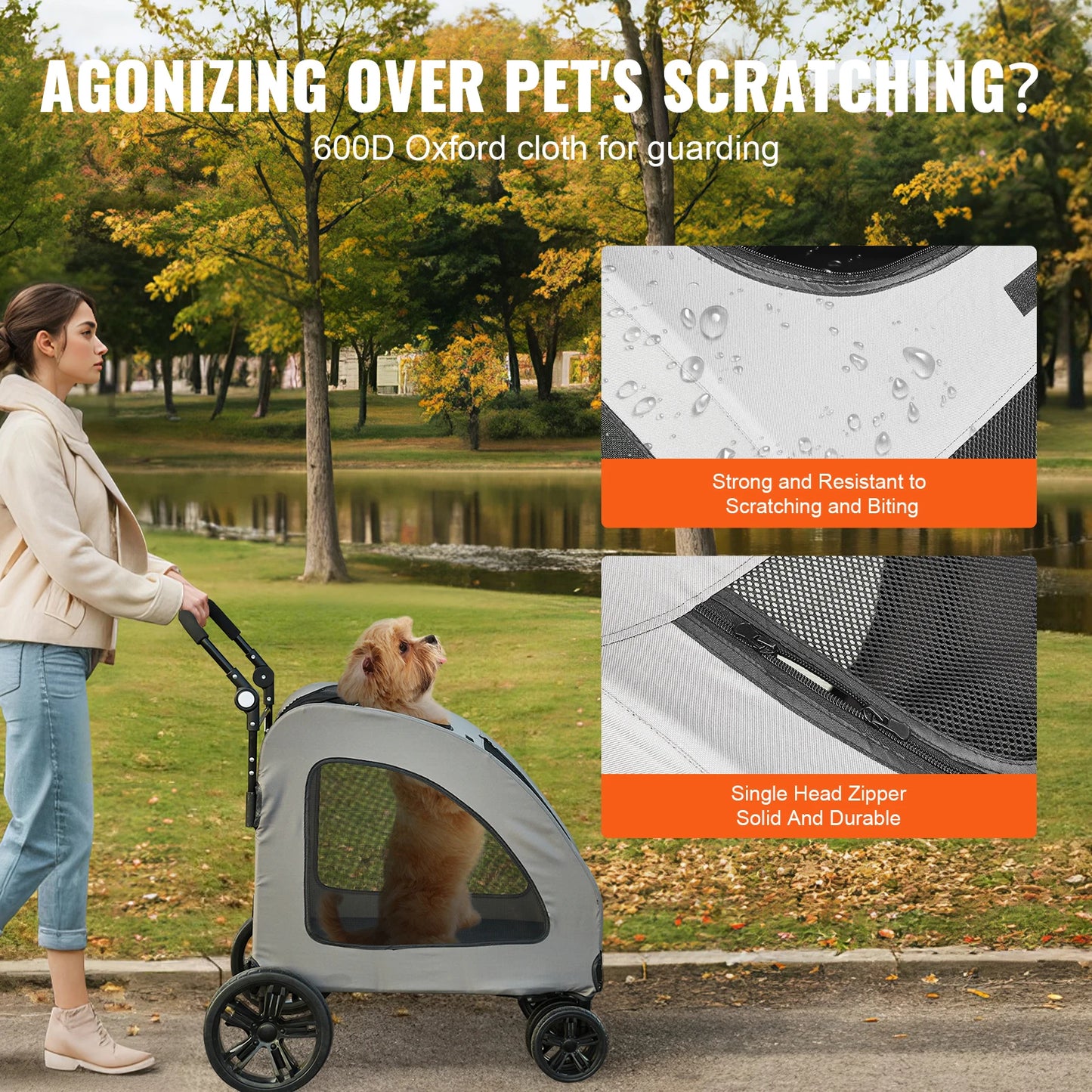 VEVOR 160lbs Pet Stroller 4 Wheels Dark Grey Dog Puppy Stroller Rotate with Brakes and Height-Adjustable for Medium Large Dogs