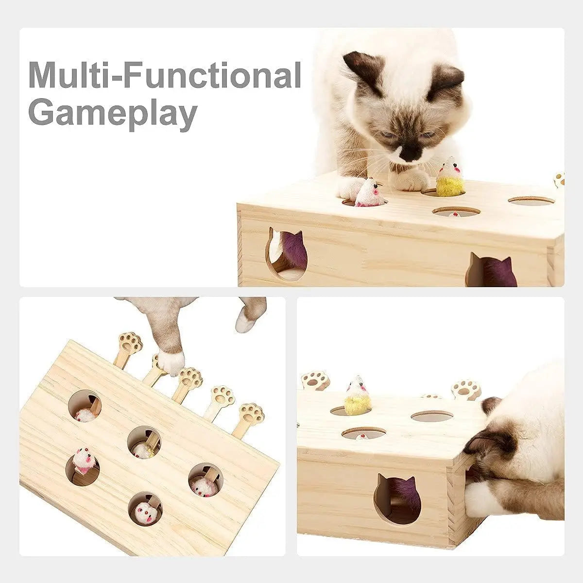 Mewoofun Cat Toys Interactive Whack-a-mole Solid Wood Toys for Indoor Cats Kitten Catch Mice Game