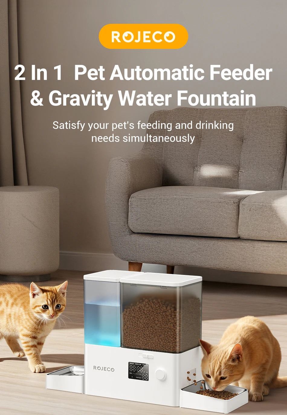 ROJECO Automatic Pet Feeder Water Fountain 8.5L Button Version Dog Food Dispenser Water Refill 2 in 1 Drinking Feeding Supplies