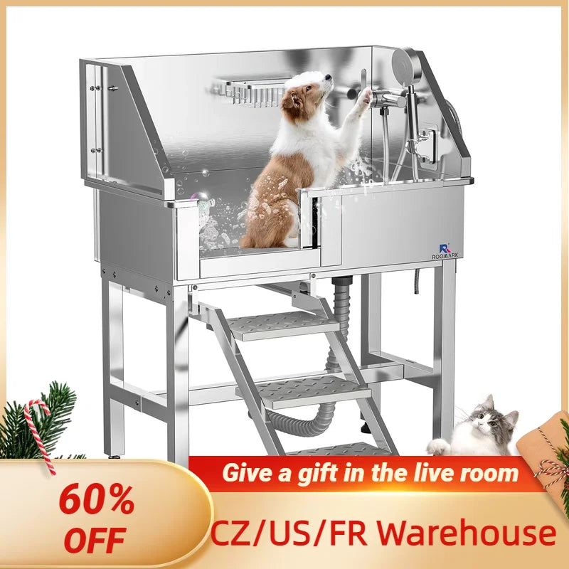 ROOMARK 34" Dog Bathing Station Stainless Steel Dog Grooming Tub with Sliding Door Faucet Accessories Dog Bathtub for Medium Pet