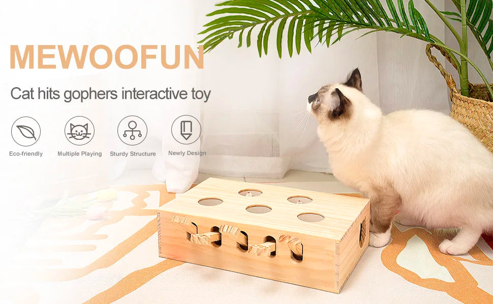 Mewoofun Cat Toys Interactive Whack-a-mole Solid Wood Toys for Indoor Cats Kitten Catch Mice Game