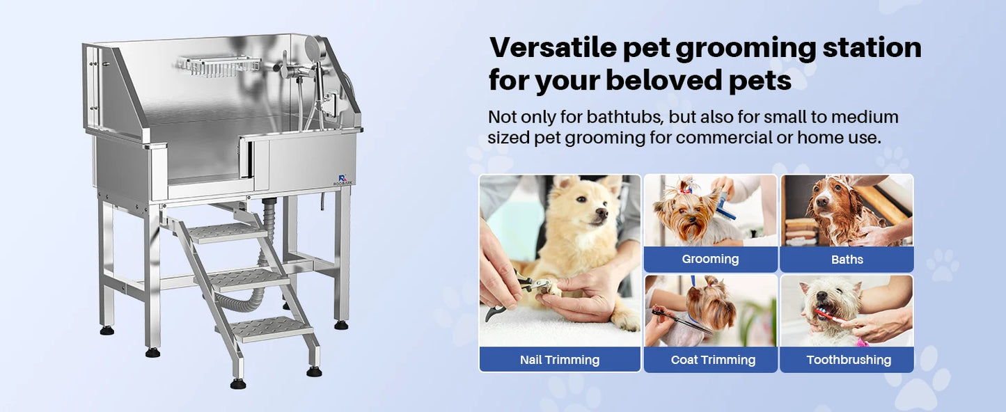 ROOMARK 34" Dog Bathing Station Stainless Steel Dog Grooming Tub with Sliding Door Faucet Accessories Dog Bathtub for Medium Pet