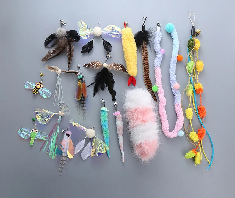 Cat Toys Funny Cat Stick Replacement Head Plush Feather Bird with Bell Toys Interactive Magic Wand DIY Feathers Pet Supplies