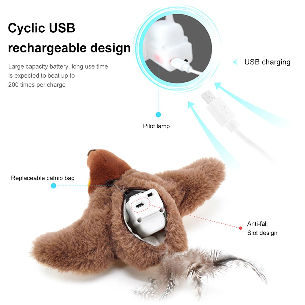Interactive Cat Toys Flapping Wings(no Flying) Sparrow Catnip Toys Simulated Chirping Bird with Vibration Sensor for Cats