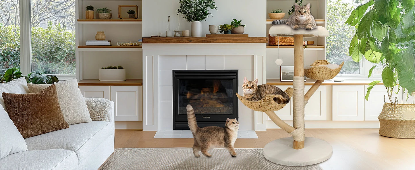Willow Wood Cat Tree Scratching Post Multi-Level Sisal Pet Cat Kitten Climbing Tower Activity Tower with Removable Washable Mats