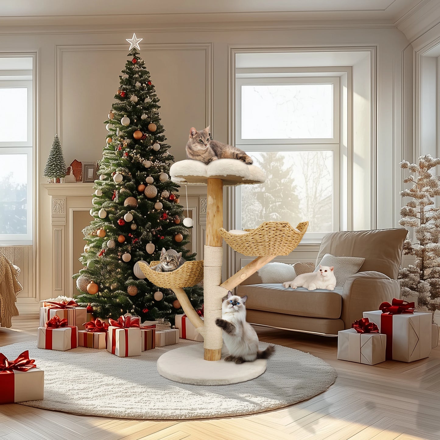 Willow Wood Cat Tree Scratching Post Multi-Level Sisal Pet Cat Kitten Climbing Tower Activity Tower with Removable Washable Mats